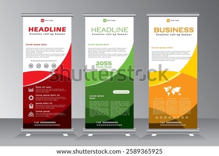 Roll up banner for events and print ready design, stand banner design, Business roll up banner design template, Geometric shape vertical banners design, vector eps 10