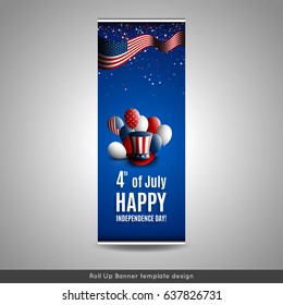 Roll Up Banner. Fourth of july independence day of the usa. Holiday background with patriotic american signs - president's hat, balloons, stars and stripes. Stock vector