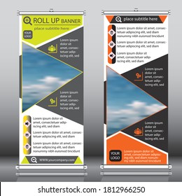 Roll up banner with geometric design template vector. Abstract background, modern x-banner