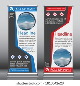 Roll up banner with geometric design template vector. Abstract background, modern x-banner