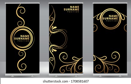 Roll up banner gold line wave standee business brochure template design. Vertical Abstract colorful geometric texture background Can be adapt to Brochure, Report, Magazine, Poster.
