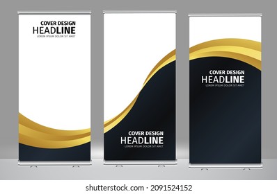 Roll Up Banner Gold Line Wave Standee Business Brochure Template Design. Vertical Abstract Colorful Geometric Texture Background Can Be Adapt To Brochure, Report, Magazine, Poster.