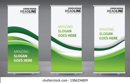 Roll up banner green line wave standee business brochure template design. Vertical Abstract colorful geometric texture background Can be adapt to Brochure, Report, Magazine, Poster.