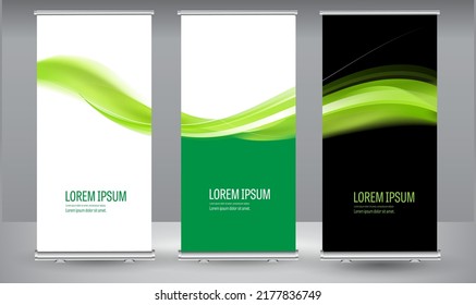 Roll Up Banner Green Line Wave Standee Business Brochure Template Design. Vertical Abstract Colorful Geometric Texture Background Can Be Adapt To Brochure, Report, Magazine, Poster.