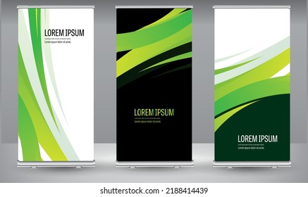 Roll up banner green line wave standee business brochure template design. Vertical Abstract colorful geometric texture background Can be adapt to Brochure, Report, Magazine, Poster.