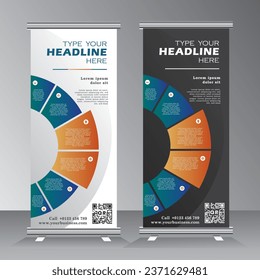 roll up banner with half round design, six element feature roll up banner, vertical banner template, pull up,