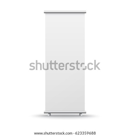 Roll up banner isolated on white background. Vector empty display mockup for presentation or exhibition product. Vertical blank roll up stand template.