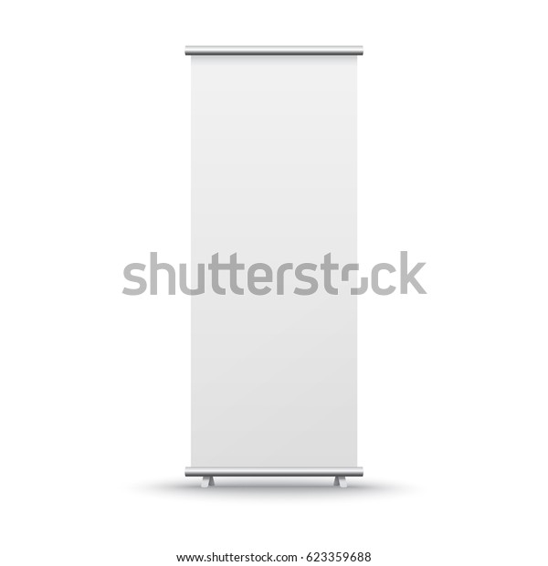Roll up banner isolated on white\
background. Vector empty display mockup for presentation or\
exhibition product. Vertical blank roll up stand\
template.
