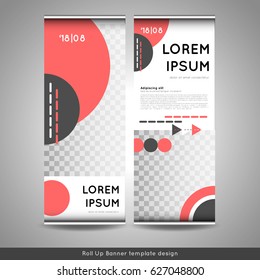 Roll Up banner layout template design with circles background and place for photo. Stock vector
