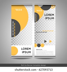 Roll Up banner layout template design with circles background and place for photo. Stock vector