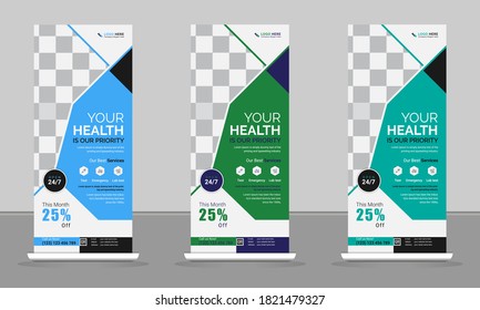 Roll up banner. Medical Health care business Blue Green pharmacy spa, Beauty Careful For All People product  promotion  display  signage standee vector  roll up banner template design.