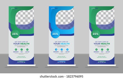 Roll up banner. Medical Health care Multipurpose business Blue Green pharmacy spa, Beauty heart product promotion signage standee vector layout. Vertical X banner rollup banner set. design.