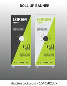 Roll up banner, modern design, grey, lime green, futuristic, minimalist, elegant, simple.