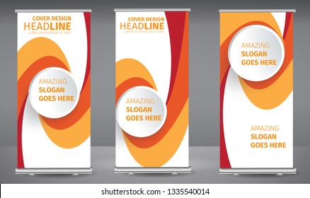 Roll up banner orange line wave standee business brochure template design. Vertical Abstract colorful geometric texture background Can be adapt to Brochure, Report, Magazine, Poster.