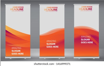 Roll up banner orange line wave standee business brochure template design. Vertical Abstract colorful geometric texture background Can be adapt to Brochure, Report, Magazine, Poster.