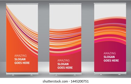 Roll up banner orange line wave standee business brochure template design. Vertical Abstract colorful geometric texture background Can be adapt to Brochure, Report, Magazine, Poster.