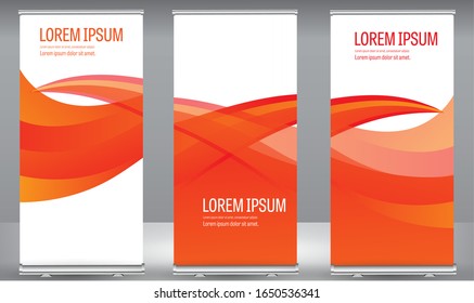 Roll up banner orange line wave standee business brochure template design. Vertical Abstract colorful geometric texture background Can be adapt to Brochure, Report, Magazine, Poster.