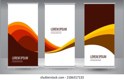 Roll up banner orange line wave standee business brochure template design. Vertical Abstract colorful geometric texture background Can be adapt to Brochure, Report, Magazine, Poster.