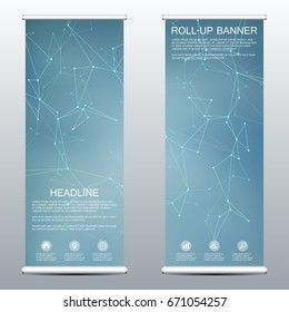 Roll up banner for presentation and publication. Science, technology and business templates. Structure of molecular particles and atom. Polygonal abstract background, vector illustration