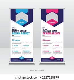 Roll up Banner for Presentation. Vertical roll up, x-stand, exhibition display, Retractable banner stand for the conference, Event. Business roll-up banner, Corporate business banner