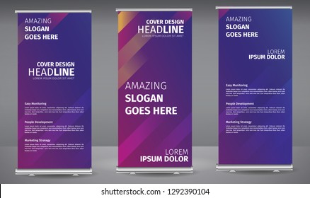Roll up banner, purple, blue gradient  standee business brochure template design. Vertical Abstract colorful geometric texture background Can be adapt to Brochure, Report, Magazine, Poster.