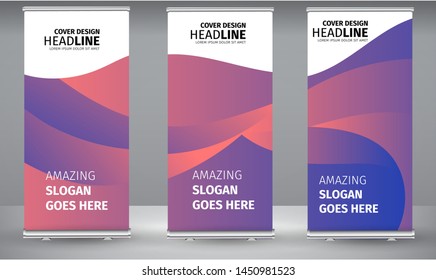 Roll up banner purple gradient line wave standee business brochure template design. Vertical Abstract colorful geometric texture background Can be adapt to Brochure, Report, Magazine, Poster.