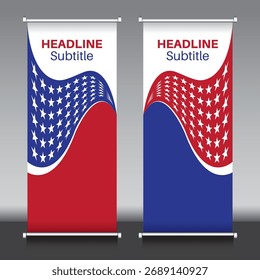 enrolar banner vermelho e azul cor, estrela, americano, dia da independência, vetor, ilustração, X banner, vertical 