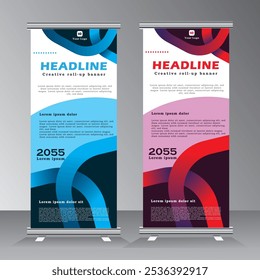 Roll up banner in red and blue print ready colors, Vertical banner design with identical shapes, 