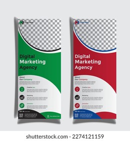 Roll up banner set design template design. Roll up banner gradient bile red and green colour print ready design template.