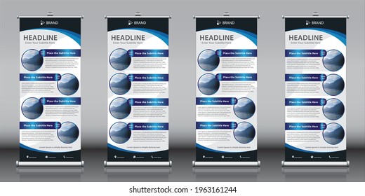 Roll Up Banner Set Stand Template Four Designs, 4 Blue Layout, Advertisement, Pull Up, Vector Illustration, Business Flyer, Display, X-banner, Flag-banner, Infographics, Presentation With Images.