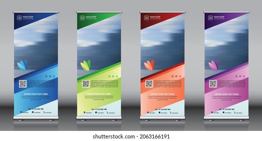 Roll up banner set. Standee design templates. Diagonal shape blue, green, red, purple color 4 in 1 vector.