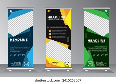 Roll up Banner set, Vertical Banner Design. Business Roll-Up. Banner Template. Vector illustration. roll up brochure flyer banner design. modern x-banner