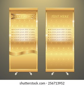 Roll up banner or signage vector design. Also called vertical template, retractable sign, pull up or pop up display. Include gold thai pattern background for business, exhibition, trade show and event