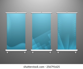 Roll Up Banner Or Signage Vector Design. Also Called Vertical Template, Retractable Sign, Pull Up Or Pop Up Display. That Blank Screen Panel Background For Business, Exhibition, Trade Show And Event.