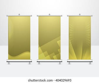 Roll Up Banner Or Signage Vector Design. Also Called Vertical Template, Retractable Sign, Pull Up Or Pop Up Display. That Blank Screen Panel Background For Business, Exhibition, Trade Show And Event.