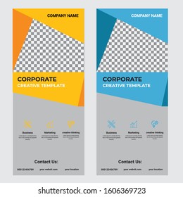 Roll Up Banner Stand Design with Abstract Geometric Colorful Bubble Speech. Vector illustration