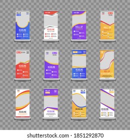 Roll up banner stand design con burbuja de habla geométrica y colorida abstracta. Business Roll up diseño de plantillas verticales de banner, para folletos, negocios, volante, infografías. Ilustración vectorial.