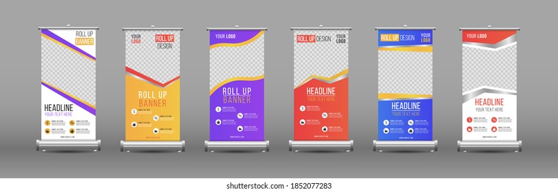 Roll up banner stand design with abstract geometric colorful speech bubble. Business Roll up banner vertical template design, for brochure, business, flyer, infographics. Vector illustration.