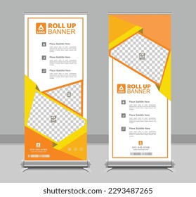 Roll Up Banner Stand Design with Abstract Geometric Colorful Bubble Speech. Vector illustration