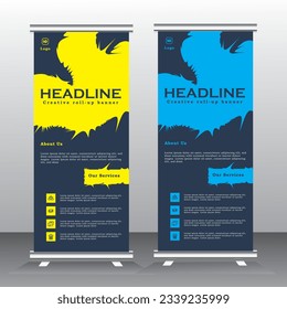 Roll Up Banner Stand Design with Abstract Geometric Colorful. yellow and ligth blue color standee design, vertical banner,  x standee Banner Template. Presentation and Brochure Flyer. Vector