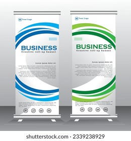 Roll Up Banner Standdesign mit abstrakter geometrischer Farbe. grün und blau Farbstanddesign, vertikales Banner, x Standardbanner Vorlage. Präsentation und Broschüre Flyer. Vektorgrafik