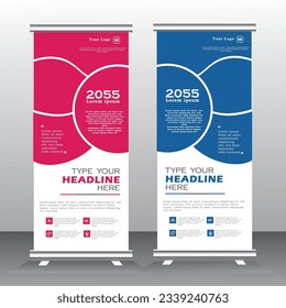 Roll Up Banner Stand Design with Abstract Geometric Colorful. pink and blue color standee design, vertical banner,  x standee Banner Template. Presentation and Brochure Flyer. Vector