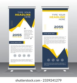Roll Up Banner Stand Design with Abstract Geometric Colorful. yellow and blue color standee design, vertical banner,  x standee Banner Template. Presentation and Brochure Flyer. Vector