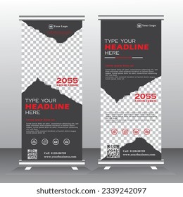 Roll Up Banner Stand Design with Abstract Geometric Colorful. black and red color standee design, vertical banner,  x standee Banner Template. Presentation and Brochure Flyer. Vector