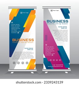Roll Up Banner Stand Design con Resumen geométrico colorido. diseño estándar de color amarillo y azul, banner vertical, x standee Banner Template. Presentación y folleto. Vector
