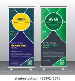 Roll Up Banner Stand Design with Abstract Geometric Colorful. yellow, green and blue color standee design, vertical banner,  x standee Banner Template. Presentation and Brochure Flyer. Vector