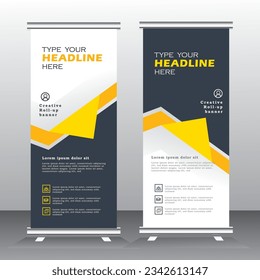 roll up banner stand design with abstract geometric colorful. yellow and ash color standee design, vertical banner,  x standee banner template. pull up banner, presentation and brochure flyer. vector