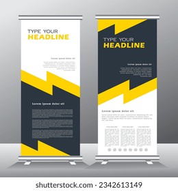 roll up banner stand design with abstract geometric colorful. yellow and ash color standee design, vertical banner,  x standee banner template. pull up banner, presentation and brochure flyer. vector