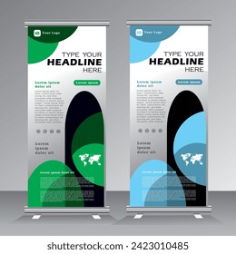 Roll up banner stand design with abstract geometric colorful. Green and blue standee design, vertical banner, x standee banner template. pull up banner, presentation and brochure flyer. Vector