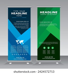 roll up banner stand design with abstract geometric colorful. green and blue standee design, vertical banner, x standee banner template. pull up banner, presentation and brochure flyer. vector,